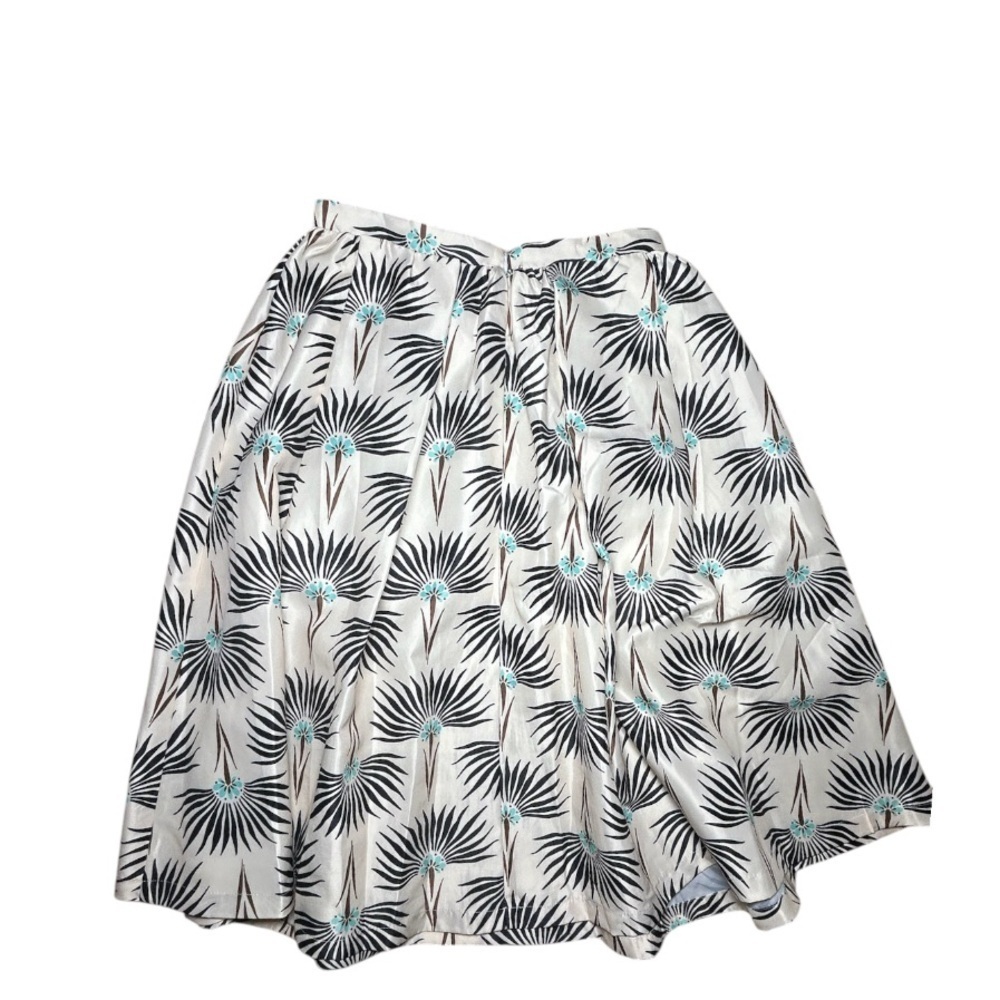 MAAC London Palm Fan Print Midi Skirt Cream Black Teal A-Line Pleated Sz Med
